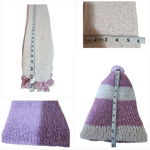 Hand Crafted 2pc Set Scaf & pom pom beanie purple crochet slauchy white striped - Picture 17 of 17